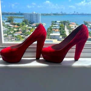 French Connection | Red Suede Platform Heels (~1.5-1.75” platform, 5” heels)